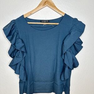 NU CONSTRUCTION Dark Forest Green RUFFLE Sleeve Blouse Size Large NEW